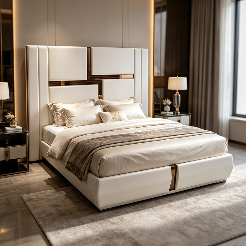 Luxury Upholstered Bed, Gold Accents & High Headboard _ R1850-2