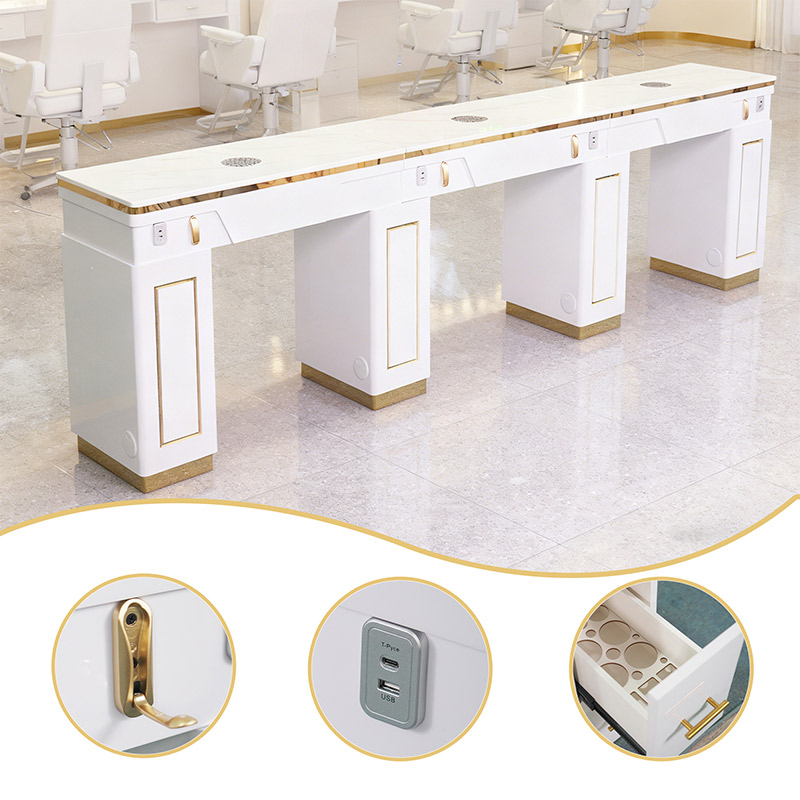 Luxury White & Gold Triple Nail Table _ MT-46-2-2