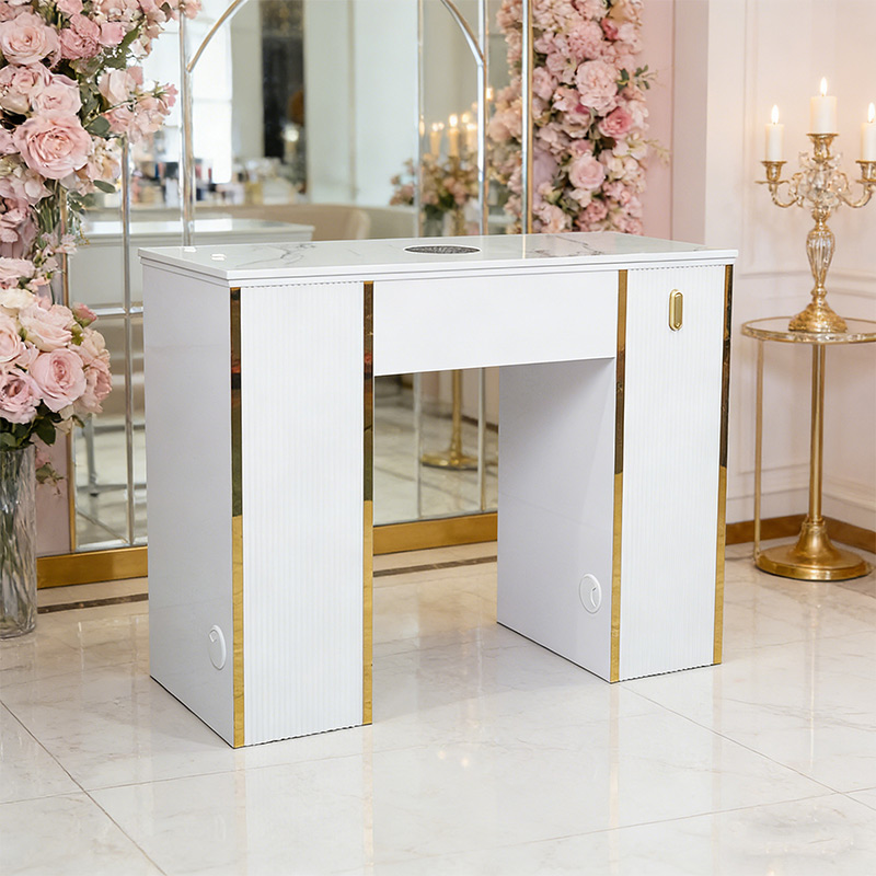 White Ribbed Single Nail Table, Gold Trim _ MT-61